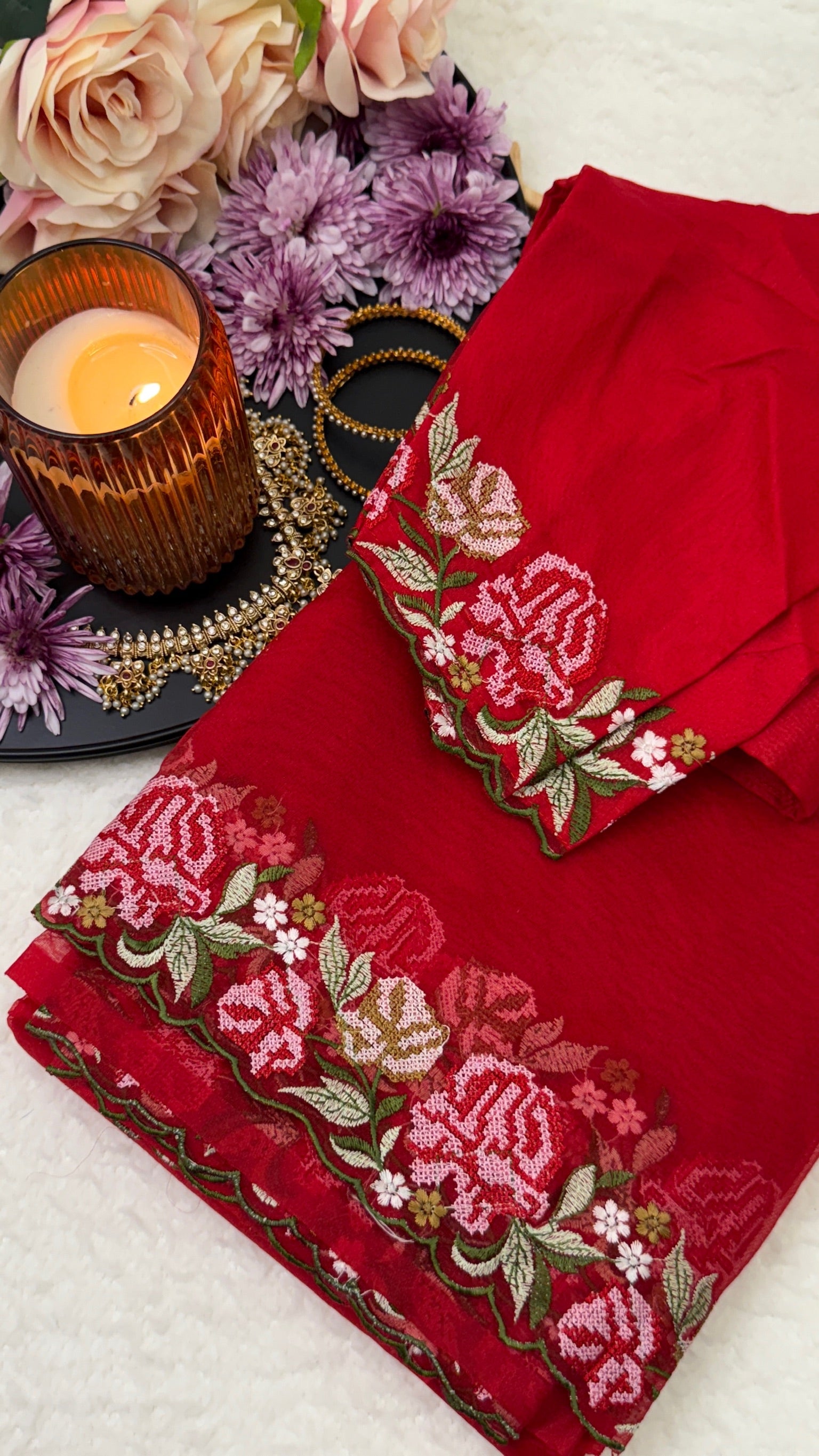 Beautiful Floral Thread work Tissue Saree With Blouse